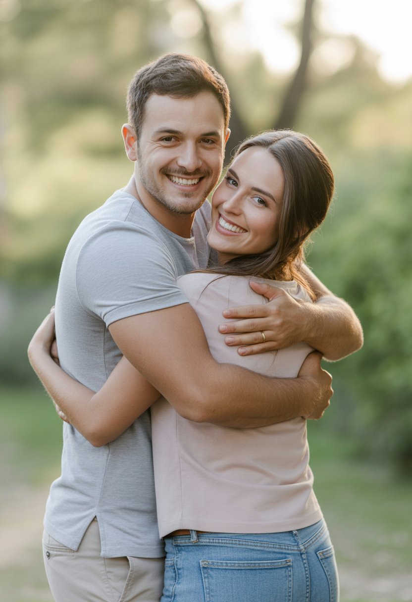 A couple smiling at the camera as one partner hugs the other from behind.