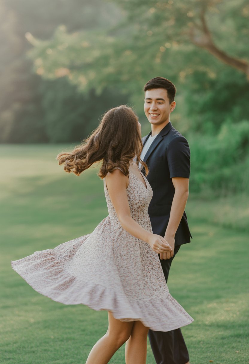 A couple during an engagement photoshoot with the woman spinning in a flowing dress and the man watching her affectionately outdoors.