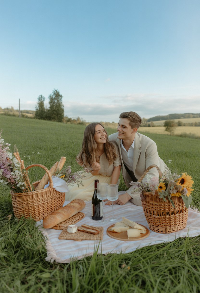 A couple enjoying a picnic on a blanket in a green countryside field with baskets of flowers and food around them.