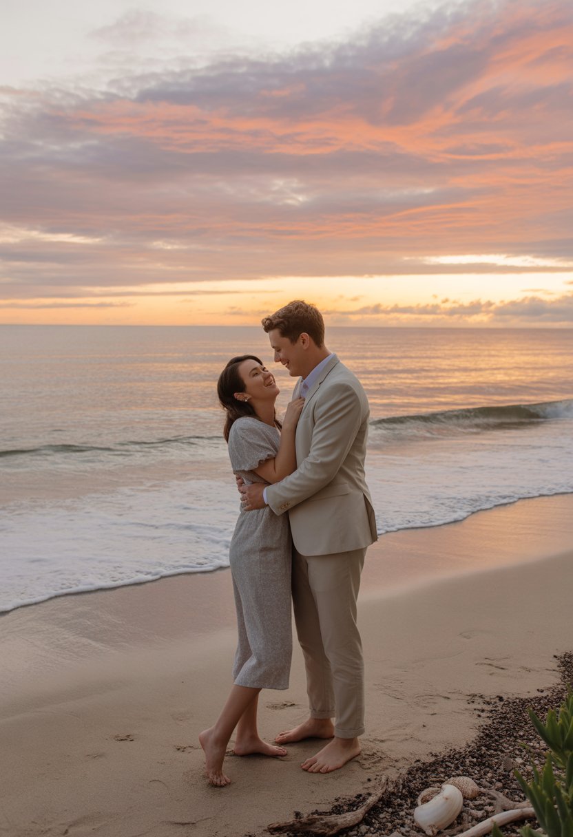A couple embracing on a sandy beach during a colorful sunset with waves in the background.