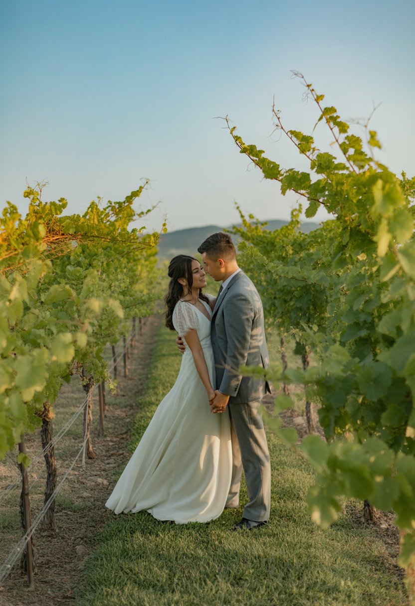 A couple in wedding attire standing hand in hand among green grapevines in a vineyard during sunset.