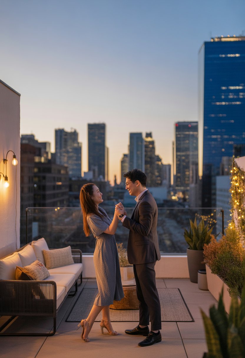 A couple sharing an intimate moment on an urban rooftop at dusk with city buildings in the background.