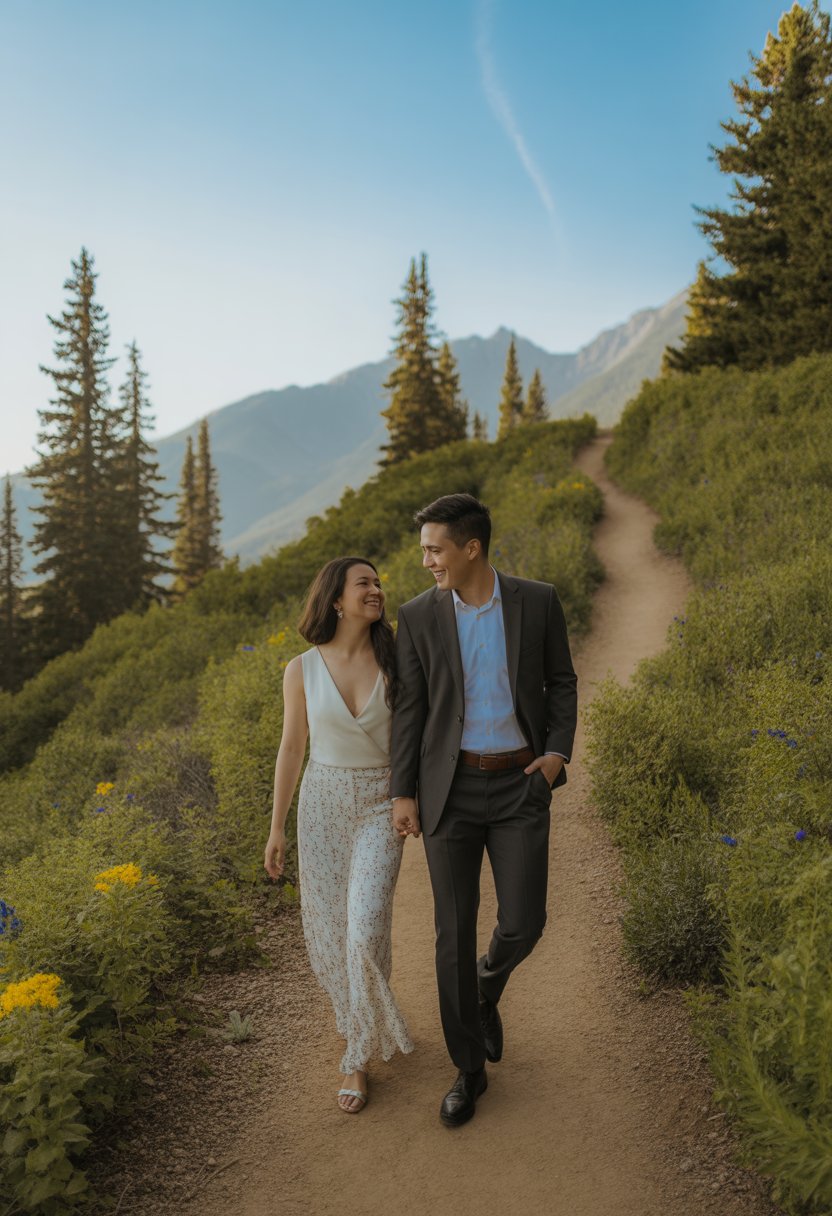 A couple walking hand in hand on a mountain trail surrounded by trees and wildflowers with mountains in the background.