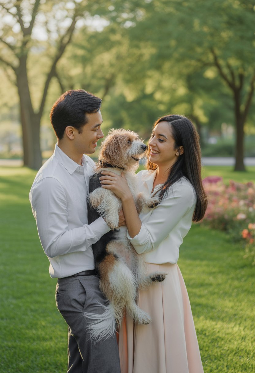 A couple outdoors with their dog, smiling and enjoying a sunny moment in a park.