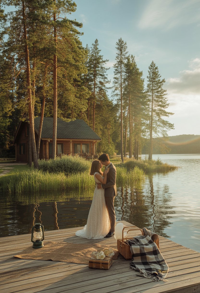 A couple in elegant clothing sharing a tender moment on a wooden dock by a calm lake with a cozy cabin and trees in the background.
