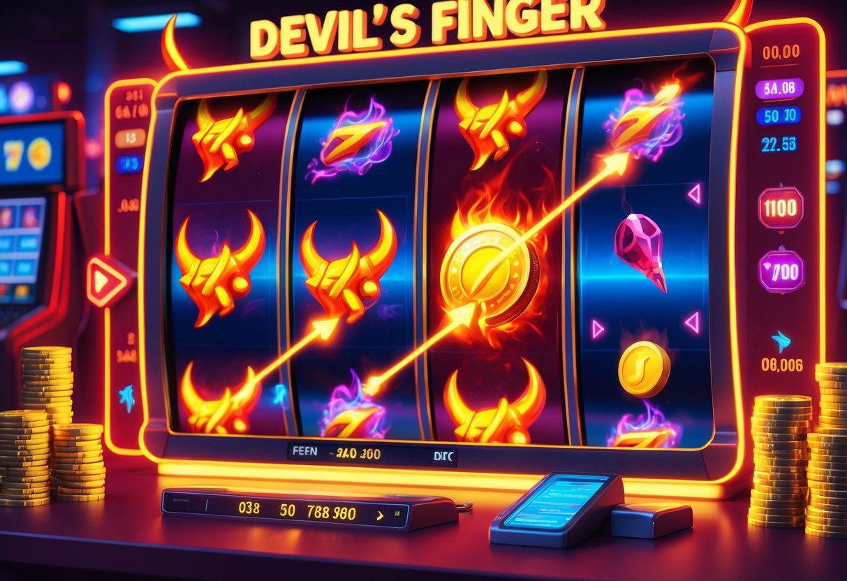 Ilustrasi mesin slot bertema jari iblis dengan simbol api dan koin emas di lingkungan kasino yang penuh warna dan cerah.