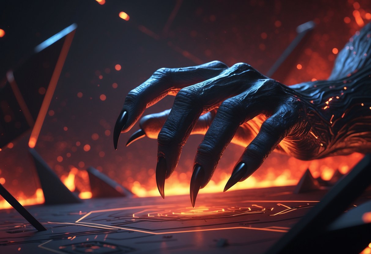 Sebuah tangan iblis dengan jari panjang dan tajam muncul dari bayangan dengan latar belakang gelap dan cahaya merah-oranye yang samar.