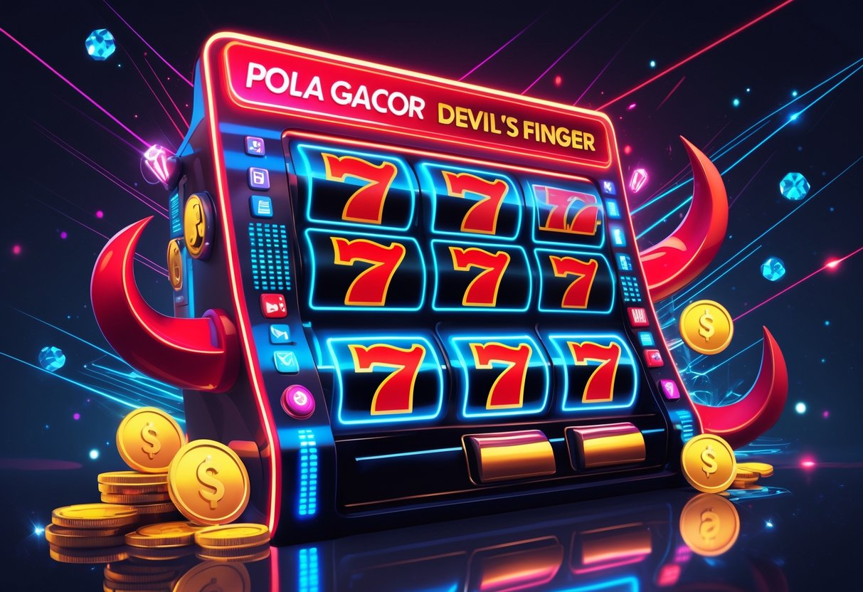 Ilustrasi mesin slot futuristik dengan elemen cakar merah dan simbol keberuntungan di latar belakang.