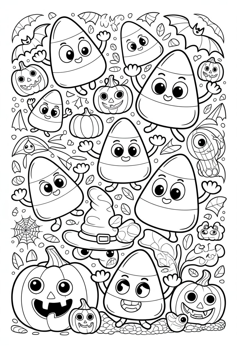 Halloween Coloring Pages Cute Collection of 20 Fun and Easy Designs 30 A group of candy corn characters with faces and limbs, surrounded by Halloween decorations like pumpkins, bats, and spider webs.