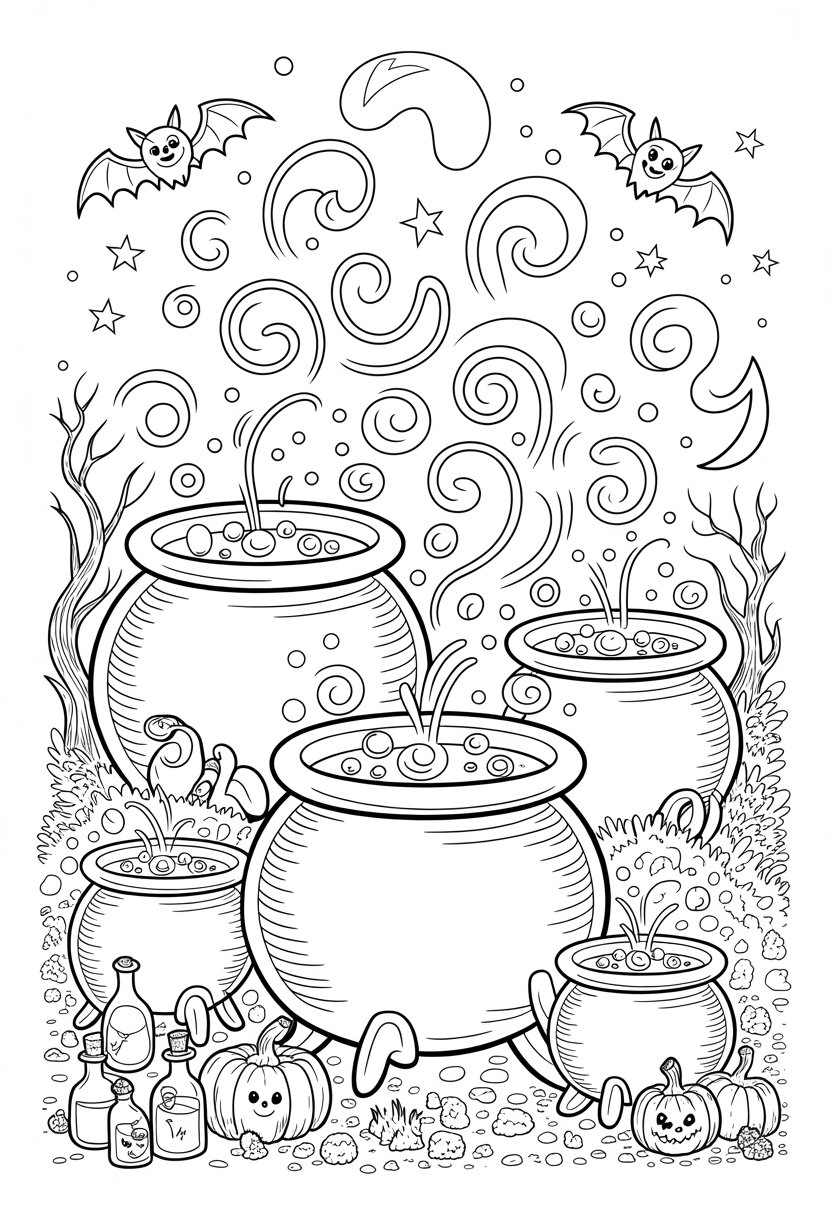 Halloween Coloring Pages Cute Collection of 20 Fun and Easy Designs 37 A scene with several witches' cauldrons bubbling magical potions surrounded by Halloween elements like bats, pumpkins, potion bottles, and a crescent moon.