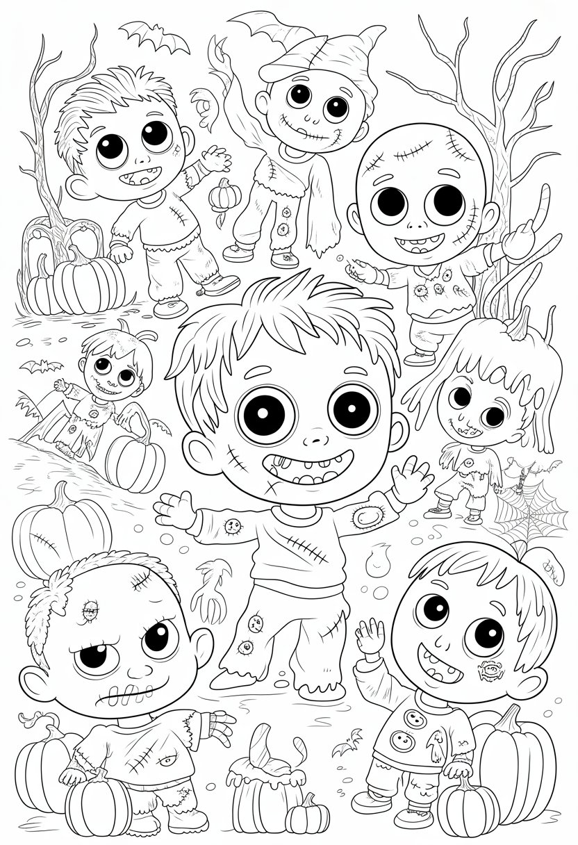 Halloween Coloring Pages Cute Collection of 20 Fun and Easy Designs 42 Several small cute zombies with big eyes wearing Halloween costumes surrounded by pumpkins, bats, cobwebs, and spooky trees.