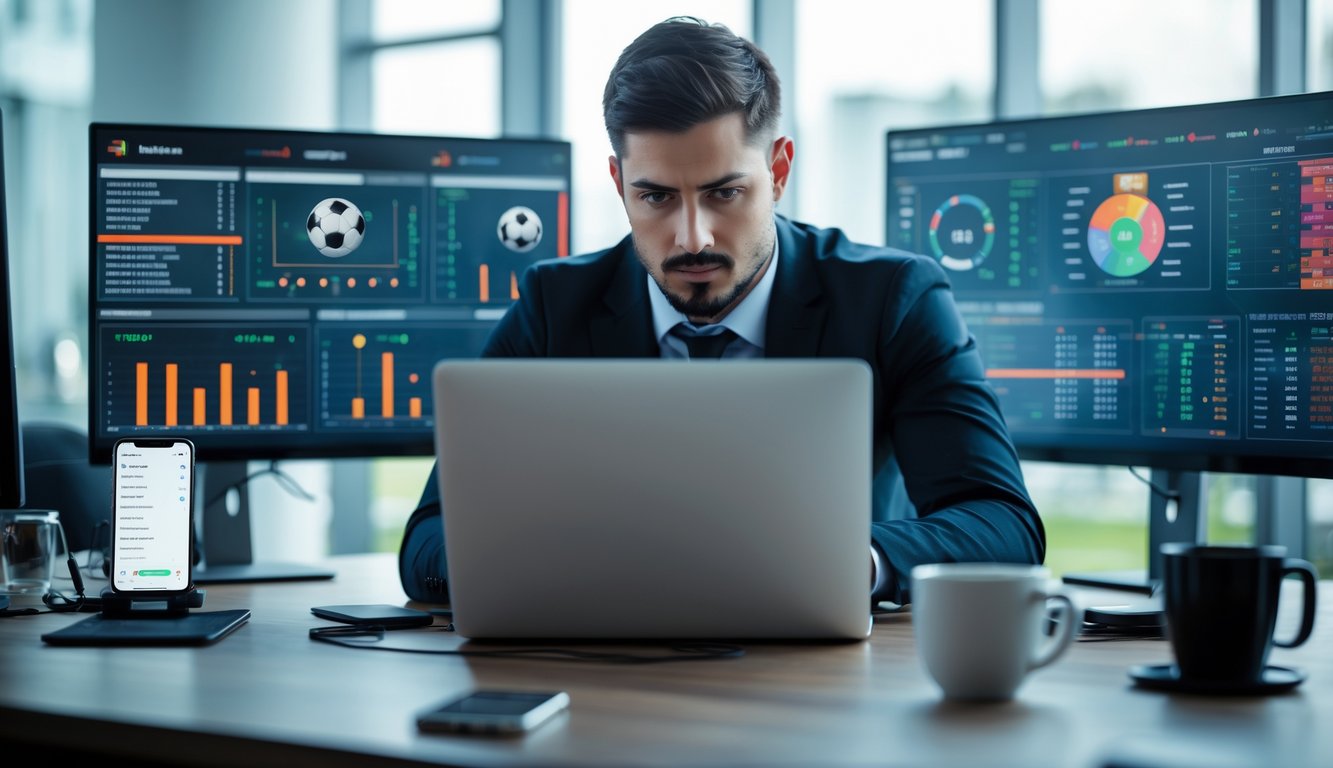 Seorang analis olahraga sedang bekerja dengan laptop dan layar komputer menampilkan statistik pertandingan sepak bola di kantor modern.