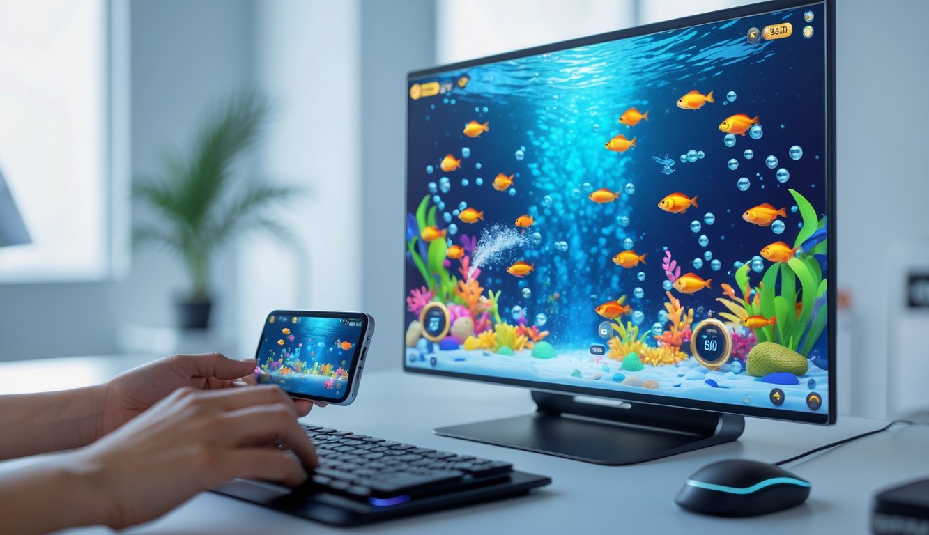 Seseorang sedang bermain game tembak ikan online dengan layar menampilkan ikan berwarna-warni di bawah air.