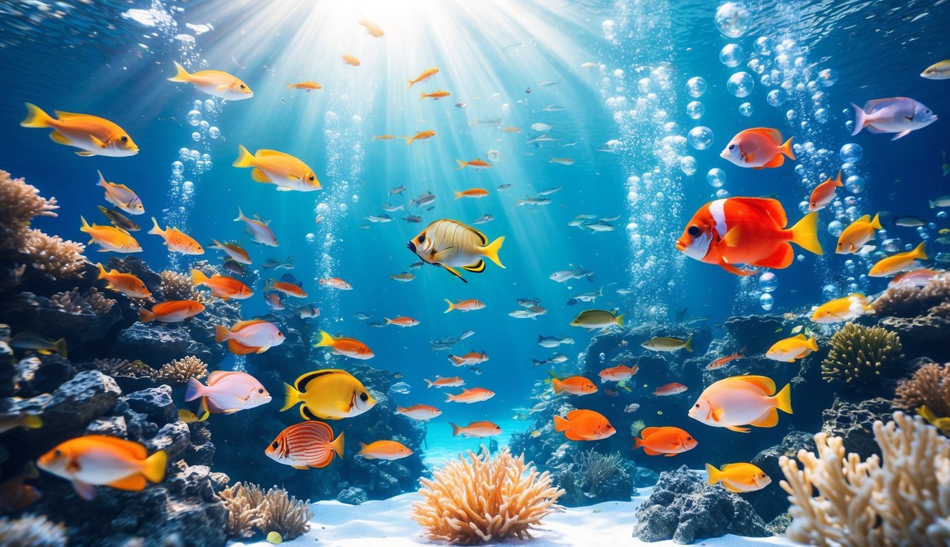 Pemandangan bawah laut dengan berbagai ikan berwarna-warni berenang di sekitar terumbu karang dan tanaman air.