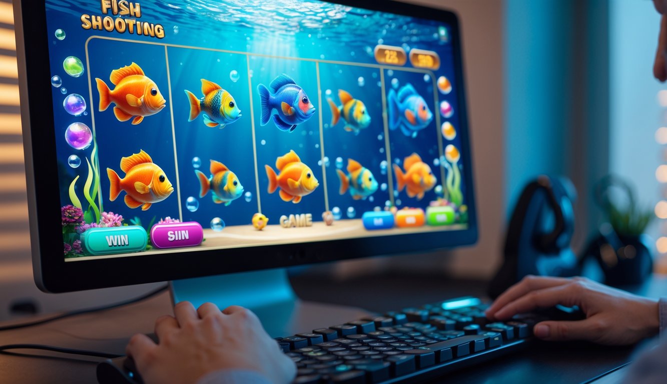 Tampilan layar komputer dengan permainan slot tembak ikan online yang menampilkan ikan berwarna-warni dan suasana bawah laut.