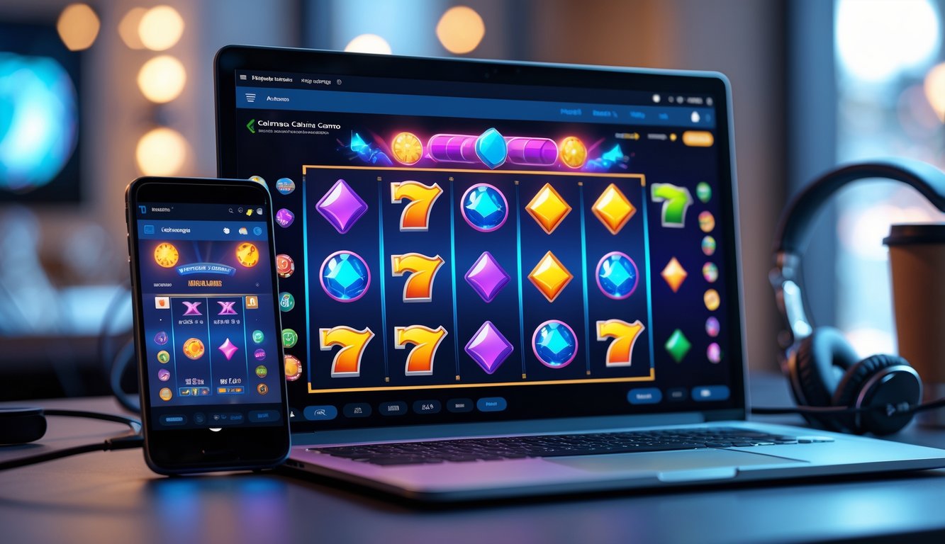 Layar laptop dan ponsel menampilkan permainan slot online dengan simbol warna-warni di meja kerja yang nyaman.