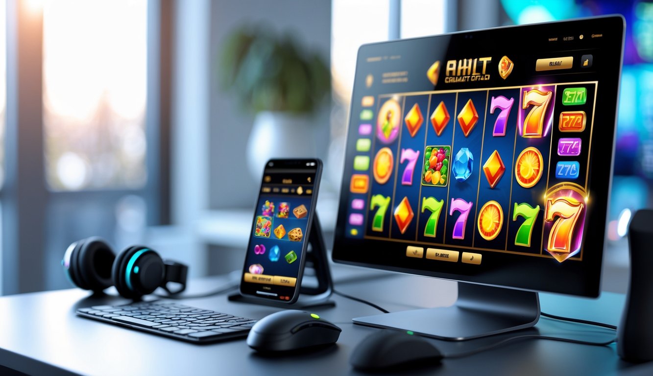 Sebuah meja kerja modern dengan komputer yang menampilkan permainan slot online berwarna-warni dan perlengkapan gaming di sekitarnya.
