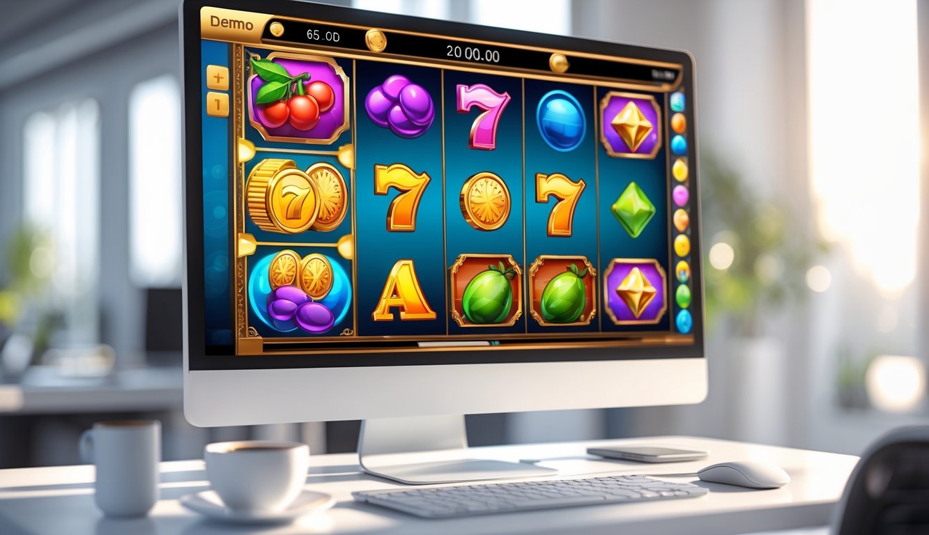 Layar komputer menampilkan permainan slot online dengan simbol warna-warni di atas meja kantor yang rapi.