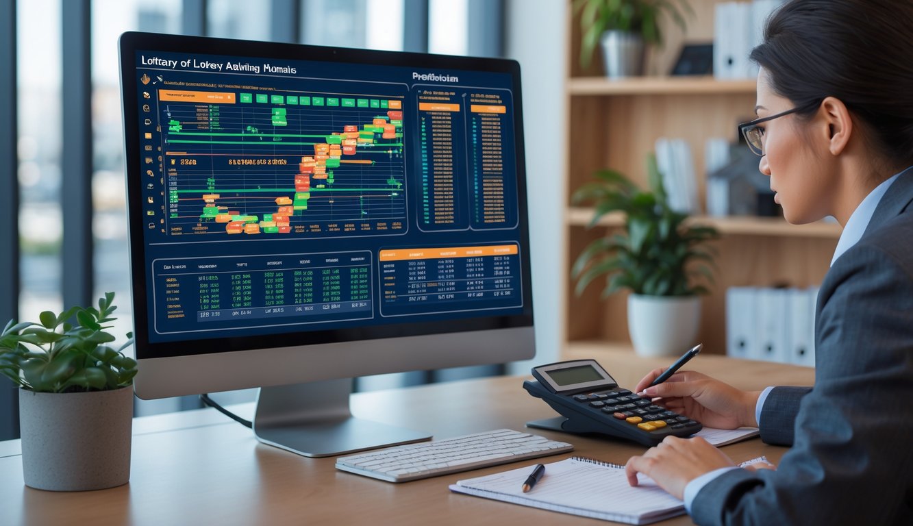 Seorang pria sedang menganalisis data angka di depan komputer di ruang kantor yang terang dengan peralatan kerja di meja.