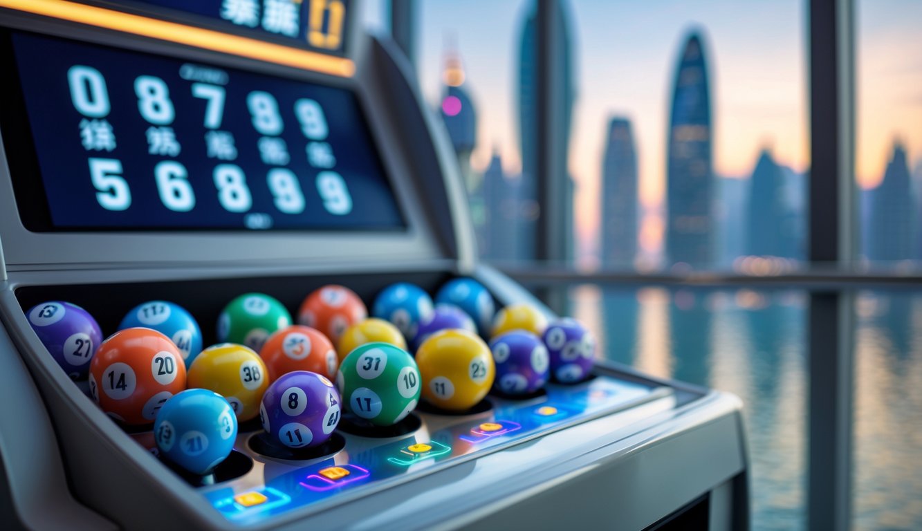 Mesin lotere digital dengan bola bernomor dan latar belakang kota Macau yang samar.