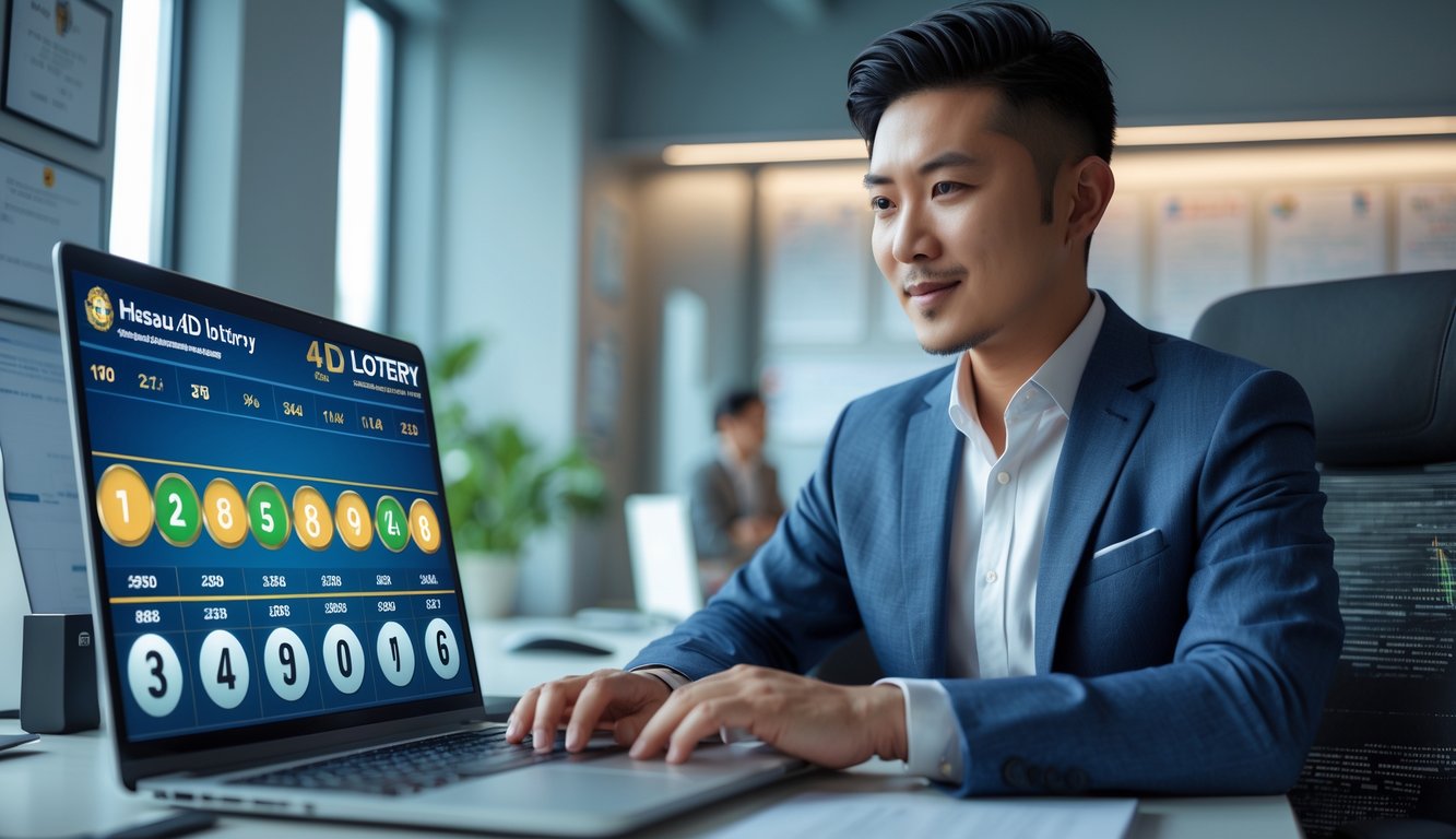 Seorang pria Asia duduk di meja kantor dengan laptop yang menampilkan antarmuka lotre digital, di ruang kerja yang rapi dan terang.