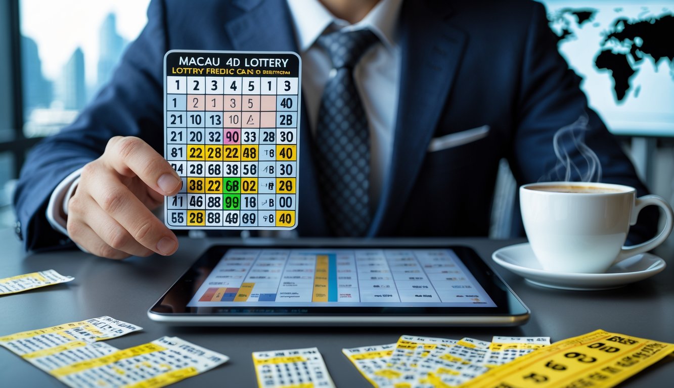 Seseorang sedang melihat angka togel Macau 4D pada tablet di meja kerja dengan suasana kantor modern.