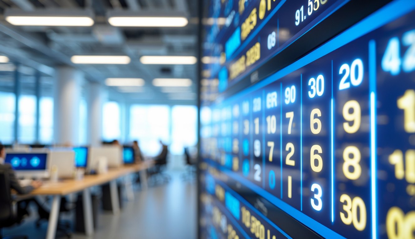 Sebuah papan hasil lotere modern di kantor dengan layar menampilkan angka dan data yang diperbarui secara langsung.