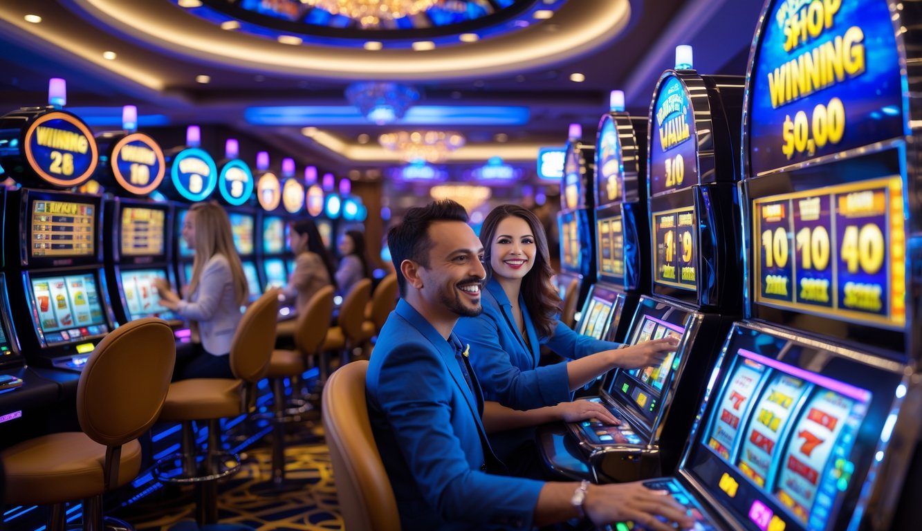 Beberapa orang bermain mesin slot berwarna-warni di dalam kasino dengan suasana ceria dan penuh semangat.