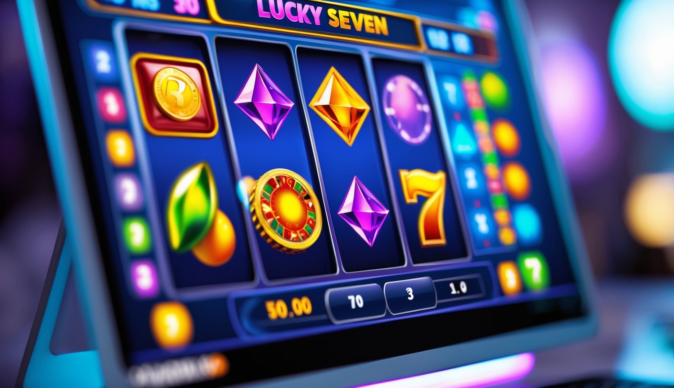 Tampilan antarmuka permainan slot online berwarna-warni dengan simbol buah dan permata di layar perangkat digital.