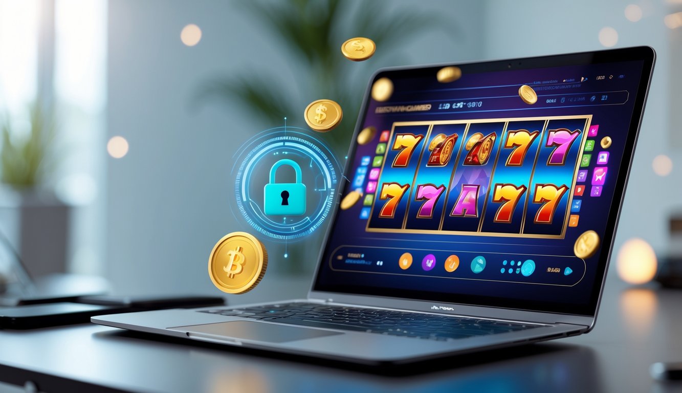 Seorang pengguna sedang bermain permainan slot online di komputer dengan tampilan layar penuh warna dan suasana ruang kerja yang rapi.
