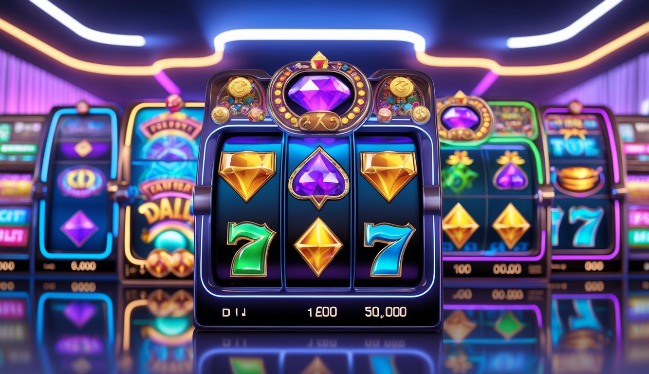 Beberapa layar mesin slot online berwarna-warni dengan simbol seperti permata, koin emas, dan angka tujuh keberuntungan yang menampilkan suasana permainan yang menarik dan penuh semangat.