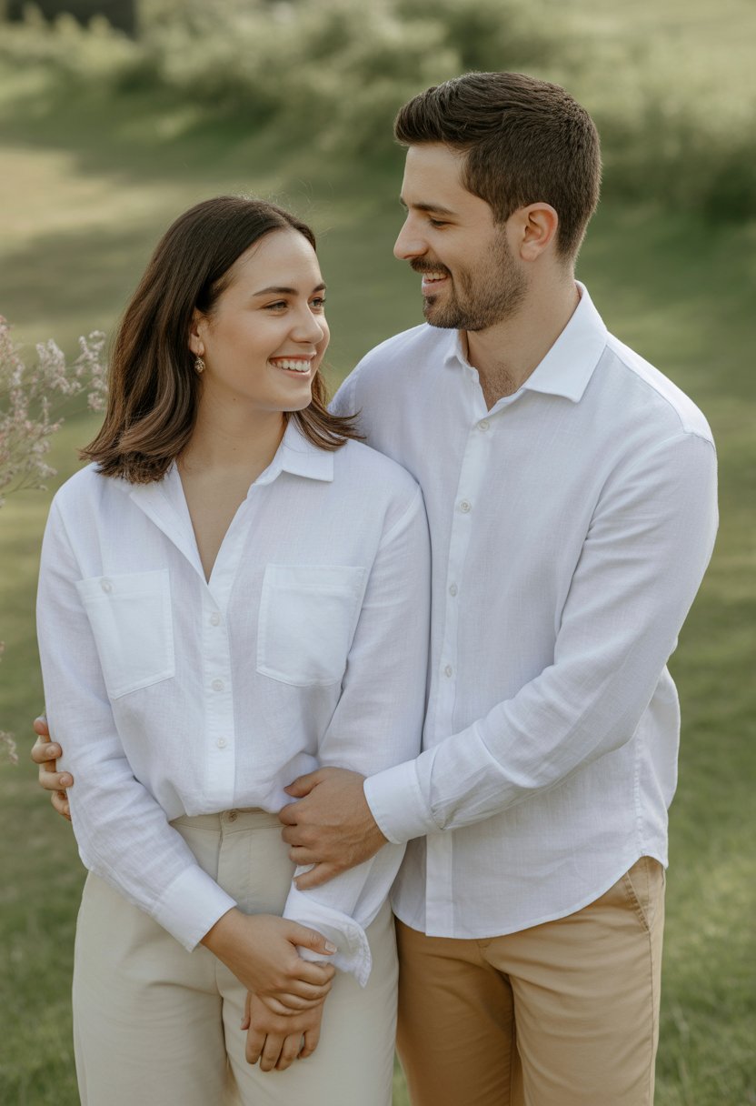 A couple standing outdoors, smiling and looking at each other, wearing white shirts and khaki pants.