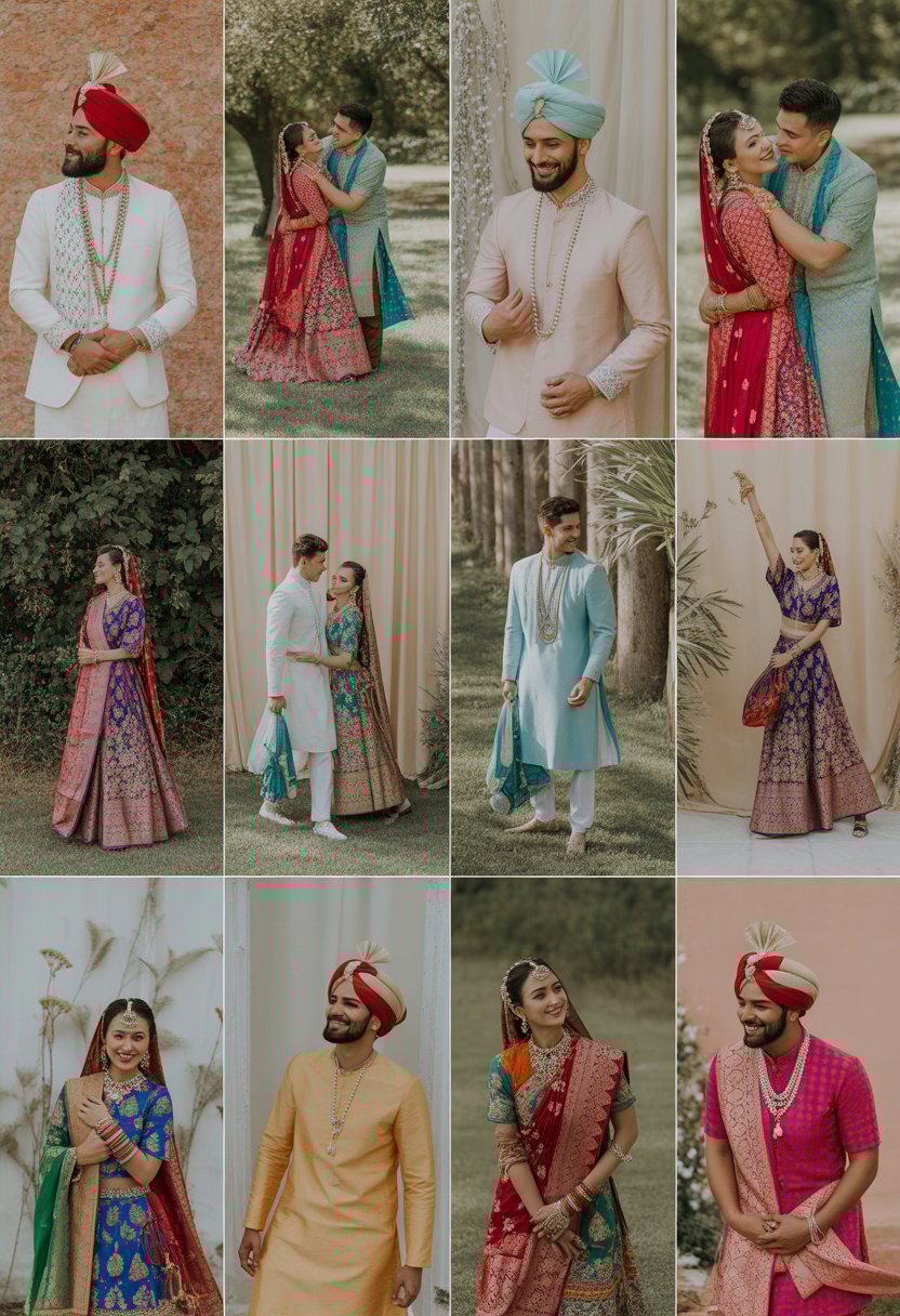 A couple posing outdoors in ten different traditional cultural outfits for a pre-wedding photoshoot.