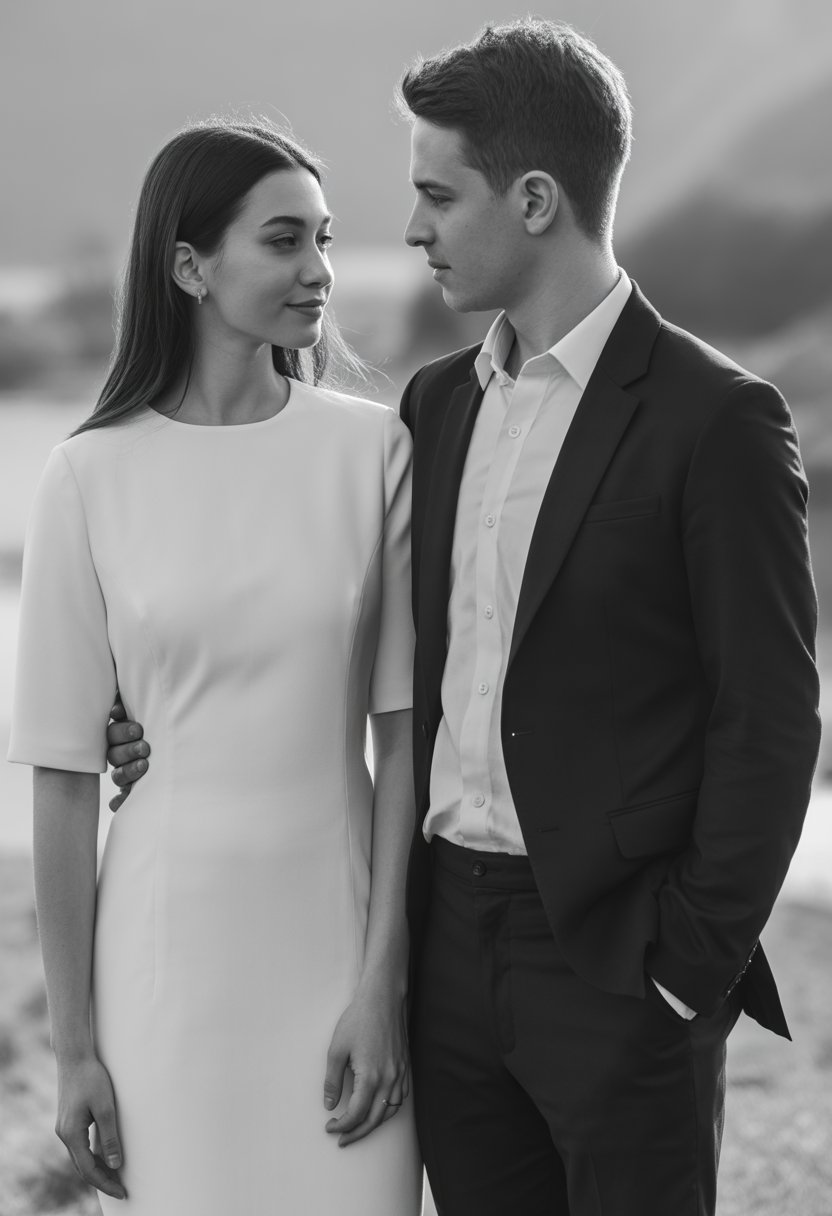 A couple outdoors wearing simple black and white outfits, looking at each other lovingly.