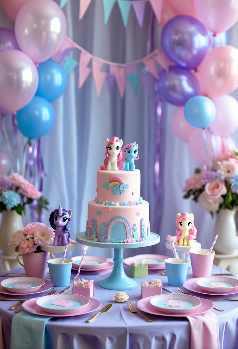 A birthday party setup with My Little Pony decorations in soft pink, purple, and blue colors, including balloons, a cake, and table settings.
