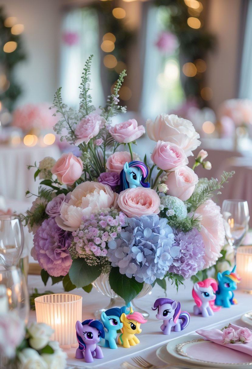 A birthday party table with elegant floral centerpieces featuring pastel flowers and small My Little Pony-themed decorations.