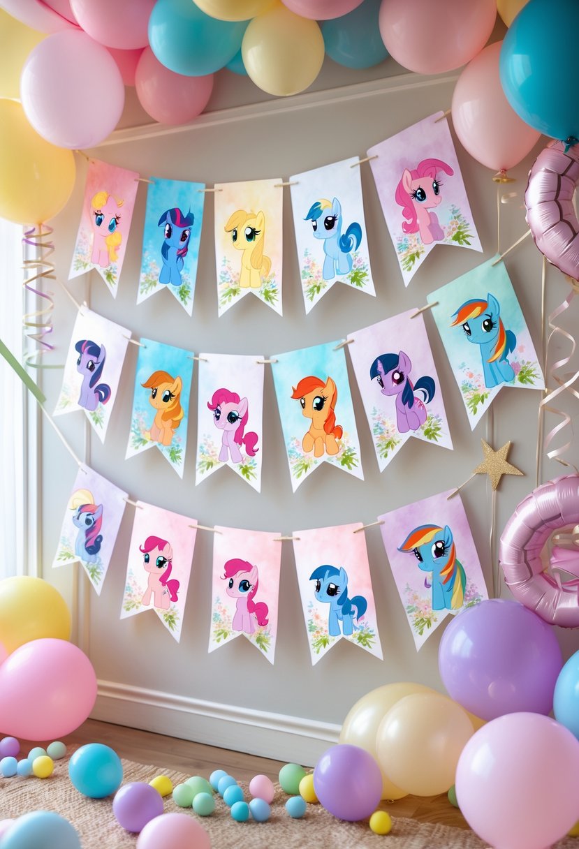 A collection of colorful My Little Pony-themed birthday banners hanging with balloons and party decorations.
