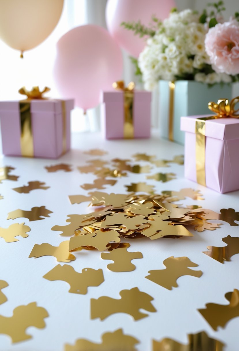 Close-up of gold foil My Little Pony silhouette confetti scattered on a party table with balloons and decorations in the background.