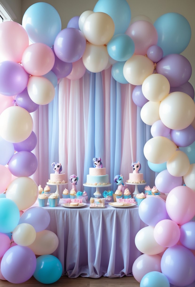 A birthday party table decorated with pastel balloon garlands and My Little Pony themed decorations.