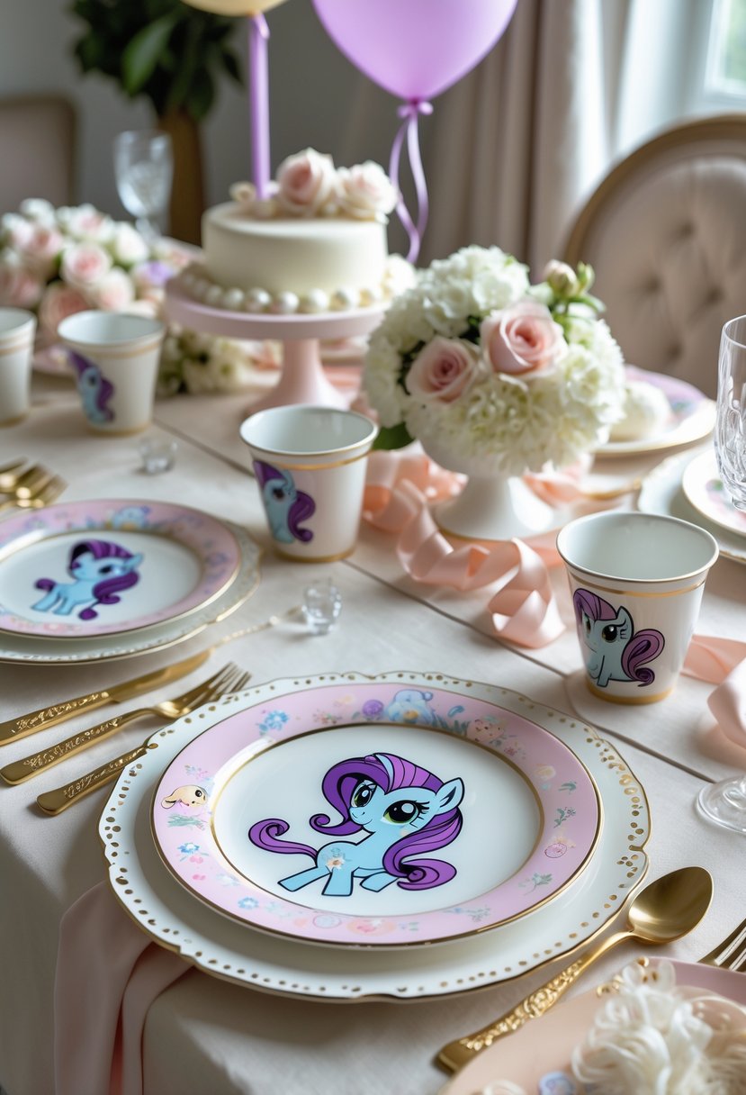 A birthday party table set with fine china plates and cups decorated with My Little Pony characters, surrounded by pastel balloons and floral decorations.