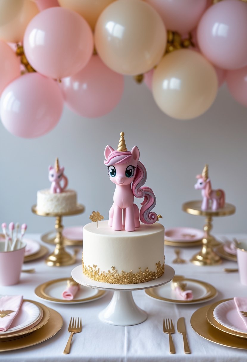 A birthday party table with a cake topped by a subtle My Little Pony figure with gold accents, surrounded by pastel balloons and elegant decorations.