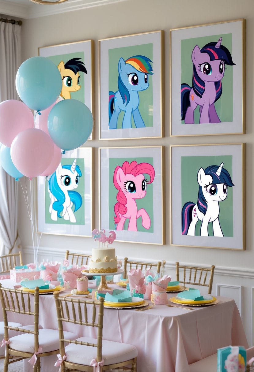 A birthday party setup with framed My Little Pony character art on the wall and themed decorations on a party table.