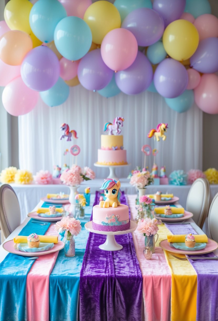 A birthday party table decorated with colorful velvet runners and My Little Pony-themed decorations including balloons, flowers, and pony figurines.