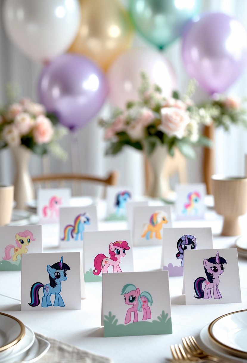 A set of pastel-colored My Little Pony themed place cards arranged on a white table with balloons and floral decorations in the background.