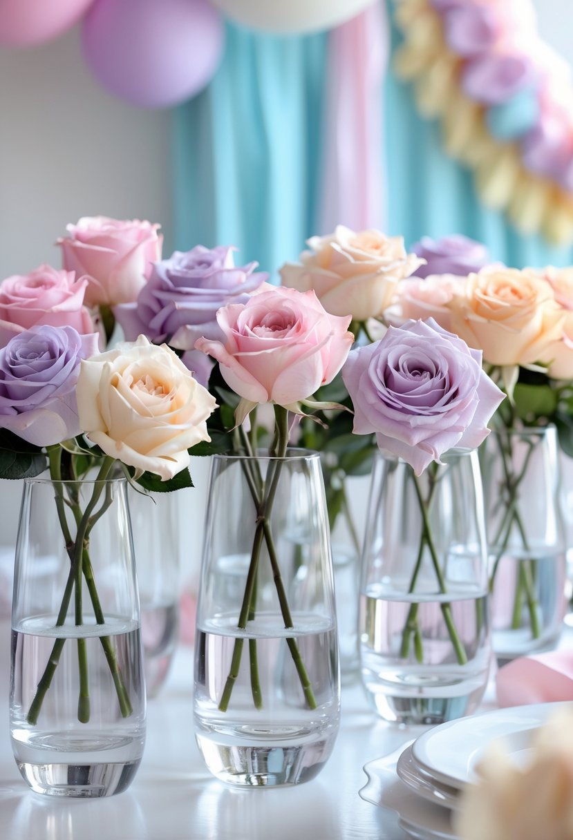 Crystal clear glass vases filled with pastel-colored roses arranged on a white surface with soft, colorful birthday decorations in the background.