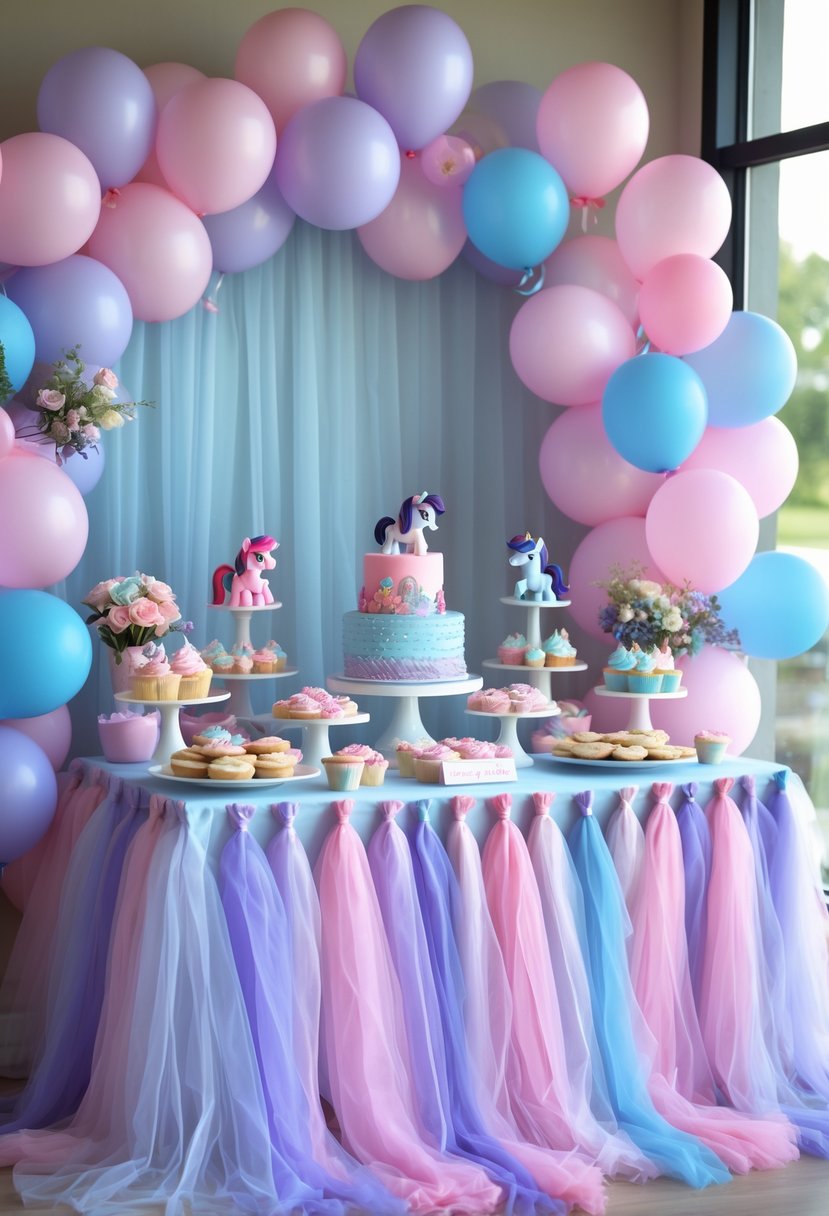 A dessert table decorated with pastel tulle and My Little Pony themed birthday treats and decorations.