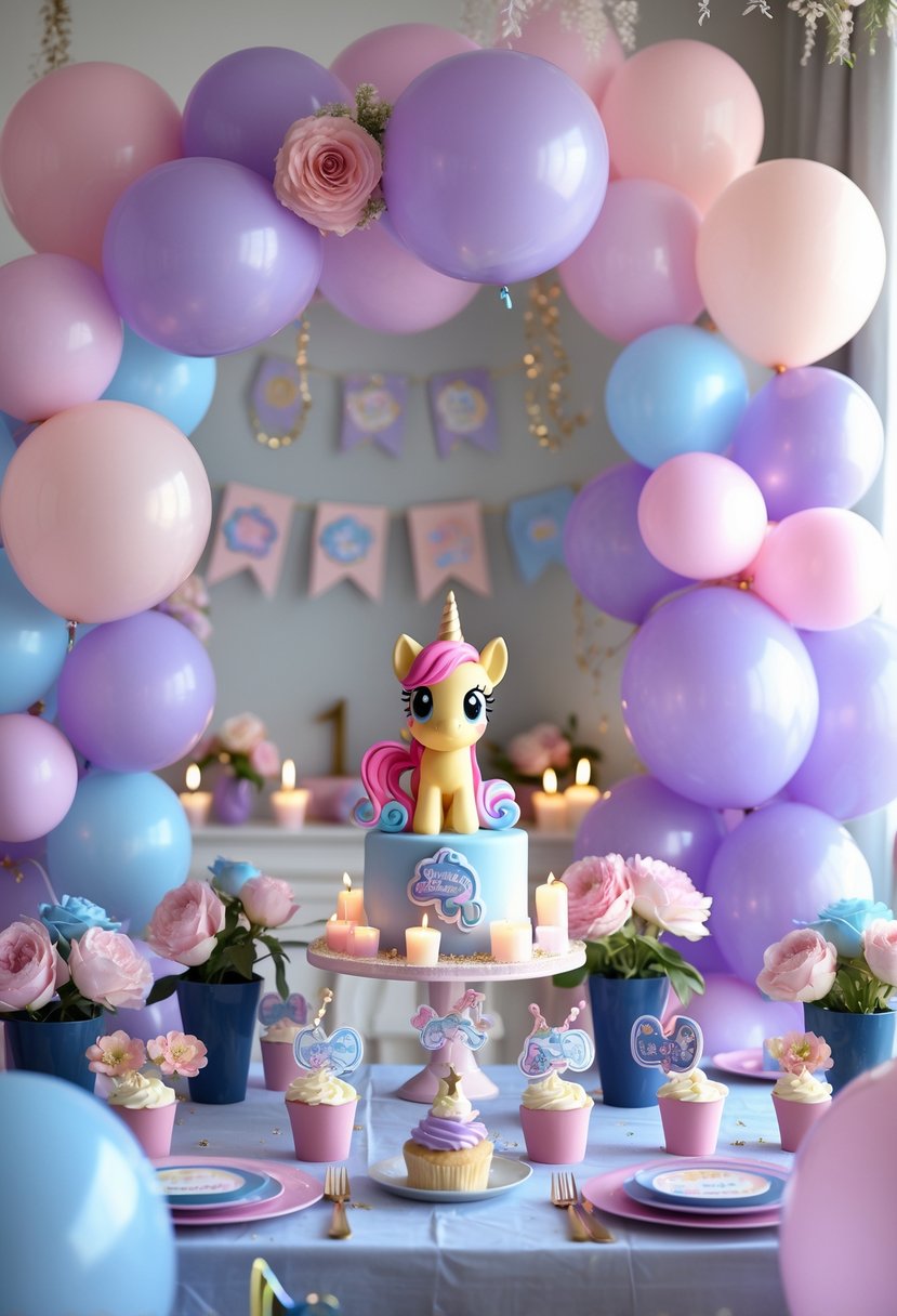 A decorated birthday party table with pastel balloons, floral arrangements, cupcakes, and a pony figure centerpiece.
