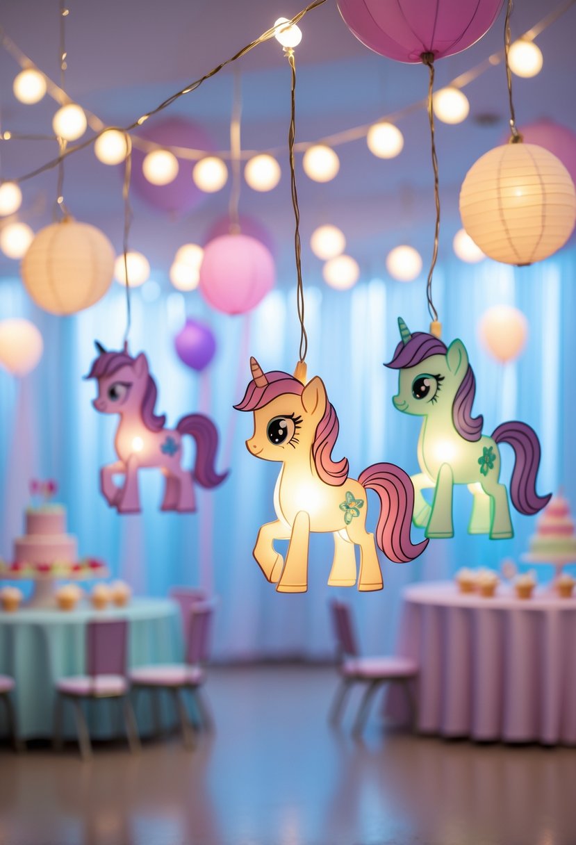 String of pastel-colored pony-shaped lantern lights hanging above a decorated birthday party table with balloons, cake, and cupcakes.