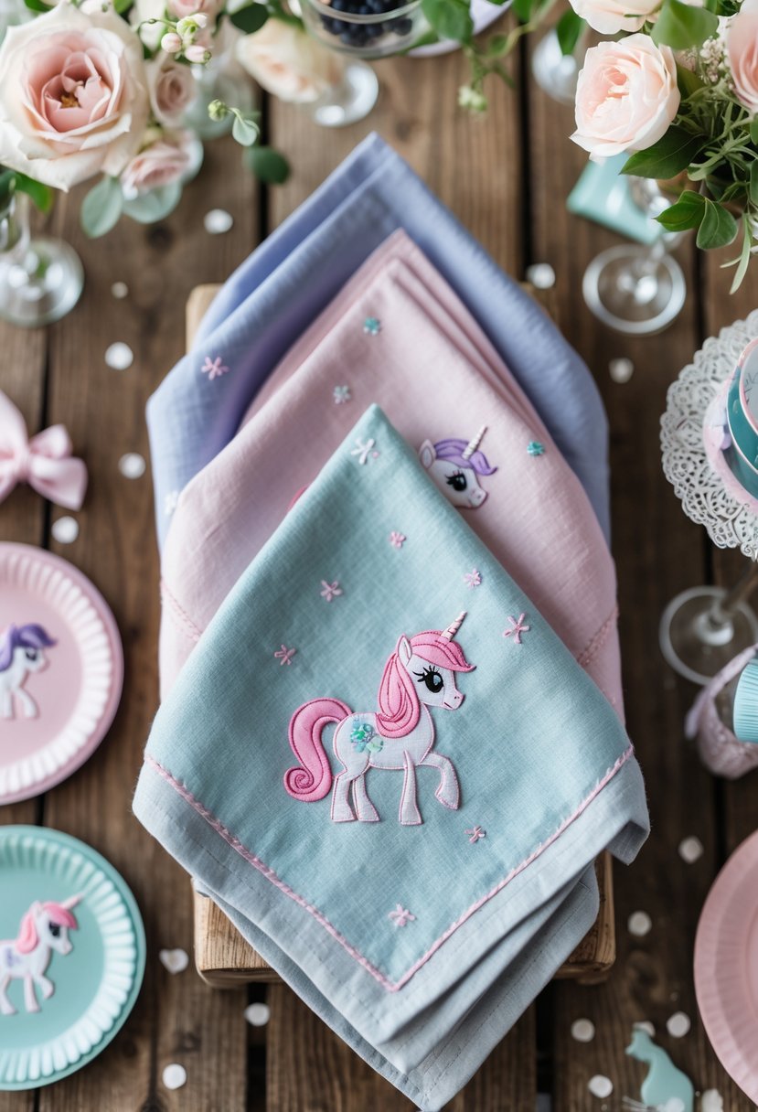 Coordinated linen napkins with embroidered ponies arranged on a wooden table surrounded by birthday party decorations.