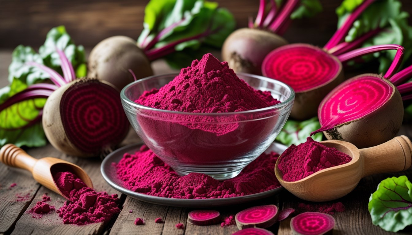 A bowl of beet root powder surrounded by fresh whole and sliced beets on a wooden surface.